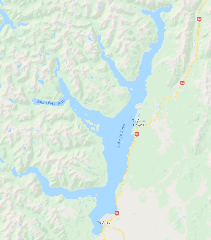 The town of Te Anau is at the south east side of Lake Te Anau (screenshot from Google Maps) 