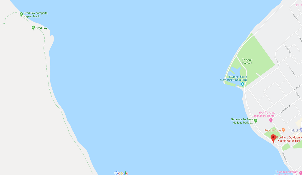 The Keplar Water Taxi will pick you up from the bay just off Te Anau Terrace and drop you at Brod Bay campsite for $25NZD (screenshot from Google Maps)