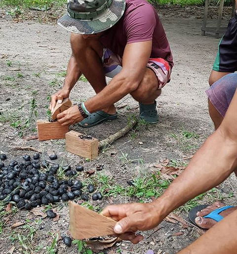 Once the cashews have a deep black charred shell, we started to hammer on the shell to break it open.