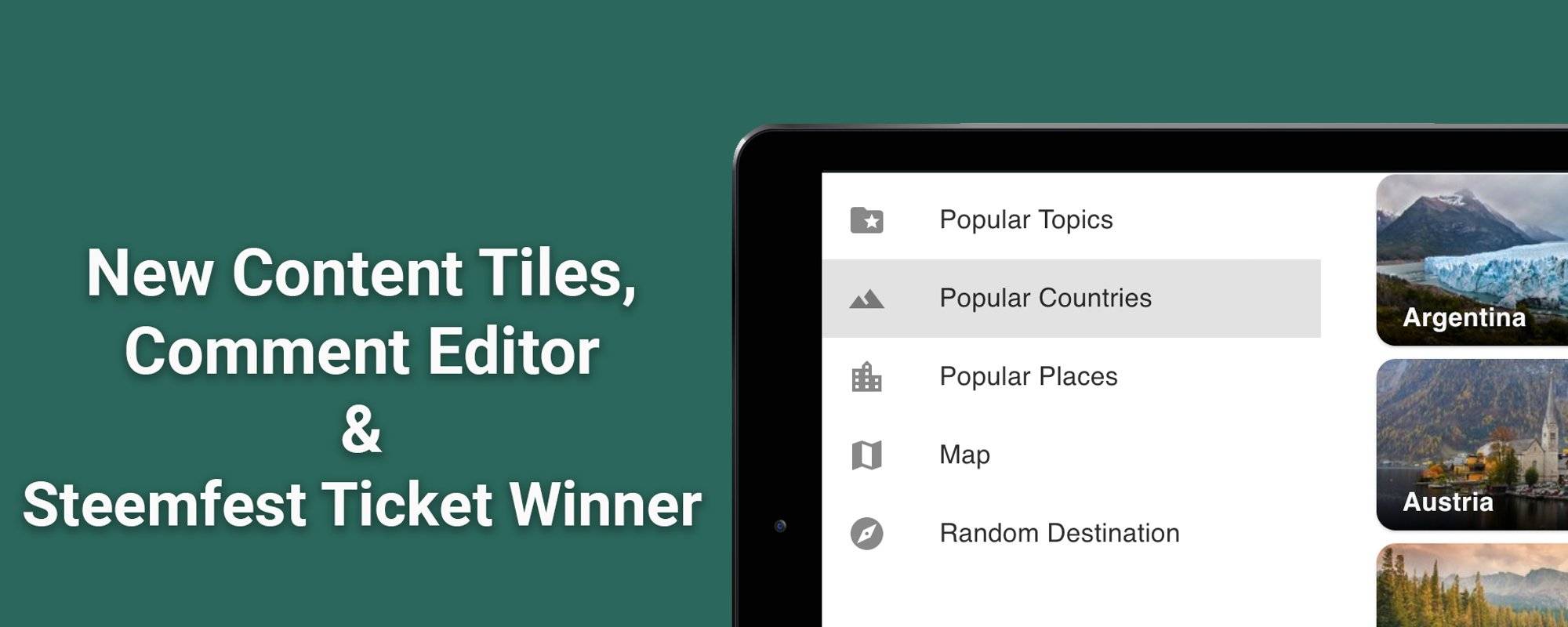 Updates: New Content Tiles - Comment Editor and The Steemfest Ticket Winner.