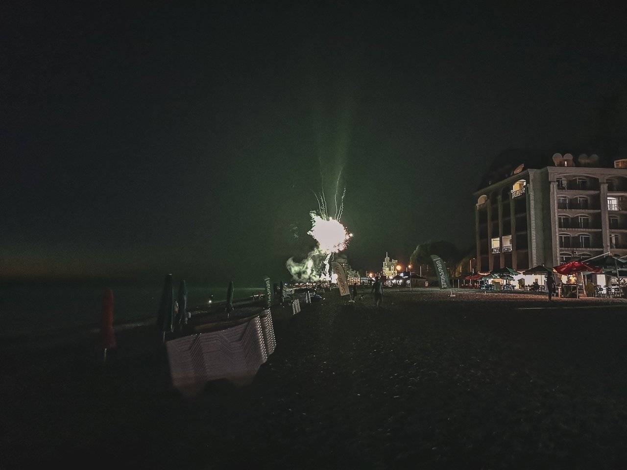 Fireworks in beach near Black Sea at night, Sakartvelo