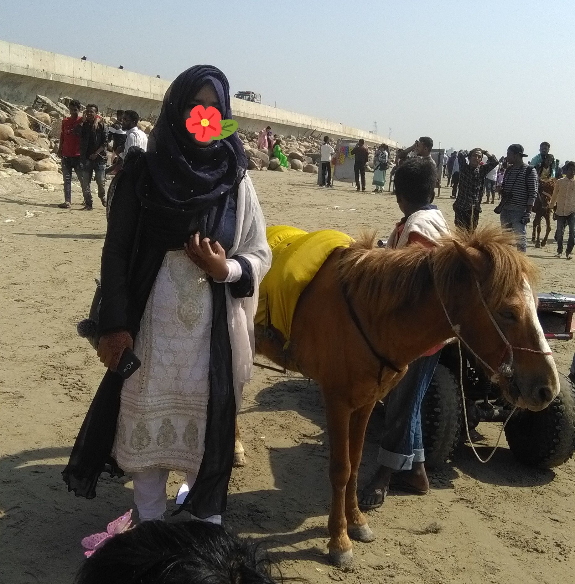 With a horse..