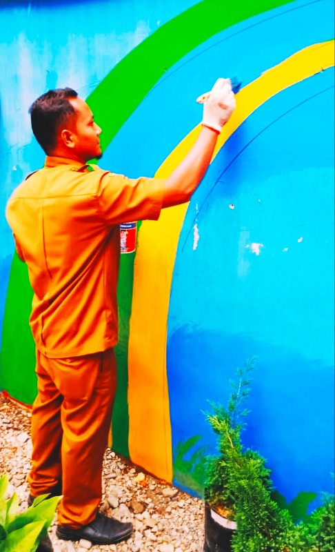 While painting a flower garden