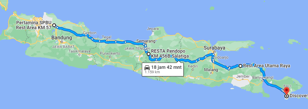 From Rest Area km 57 then rest area 465B and Then rest Area Utama Raya before crossing Bali Strait using Ferry Ketapang Gilimanuk and Finish At Kuta Discovery at 29 December 2021, 08.00 morning