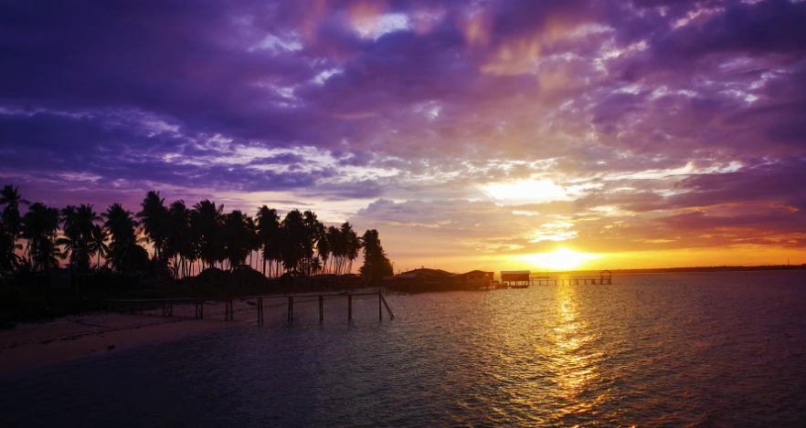 Beautiful sunset and silhouettes of coconut tree and jetty for qurator quest 