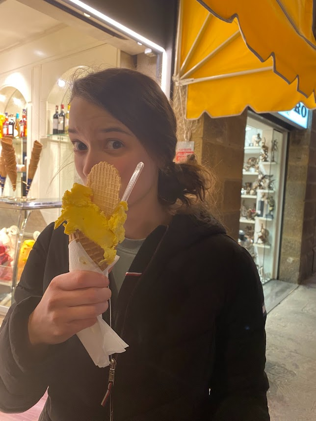 Kinley eating gelato that is supposedly the flavor named after the inventor of gelato. For the scavenger hunt of course.