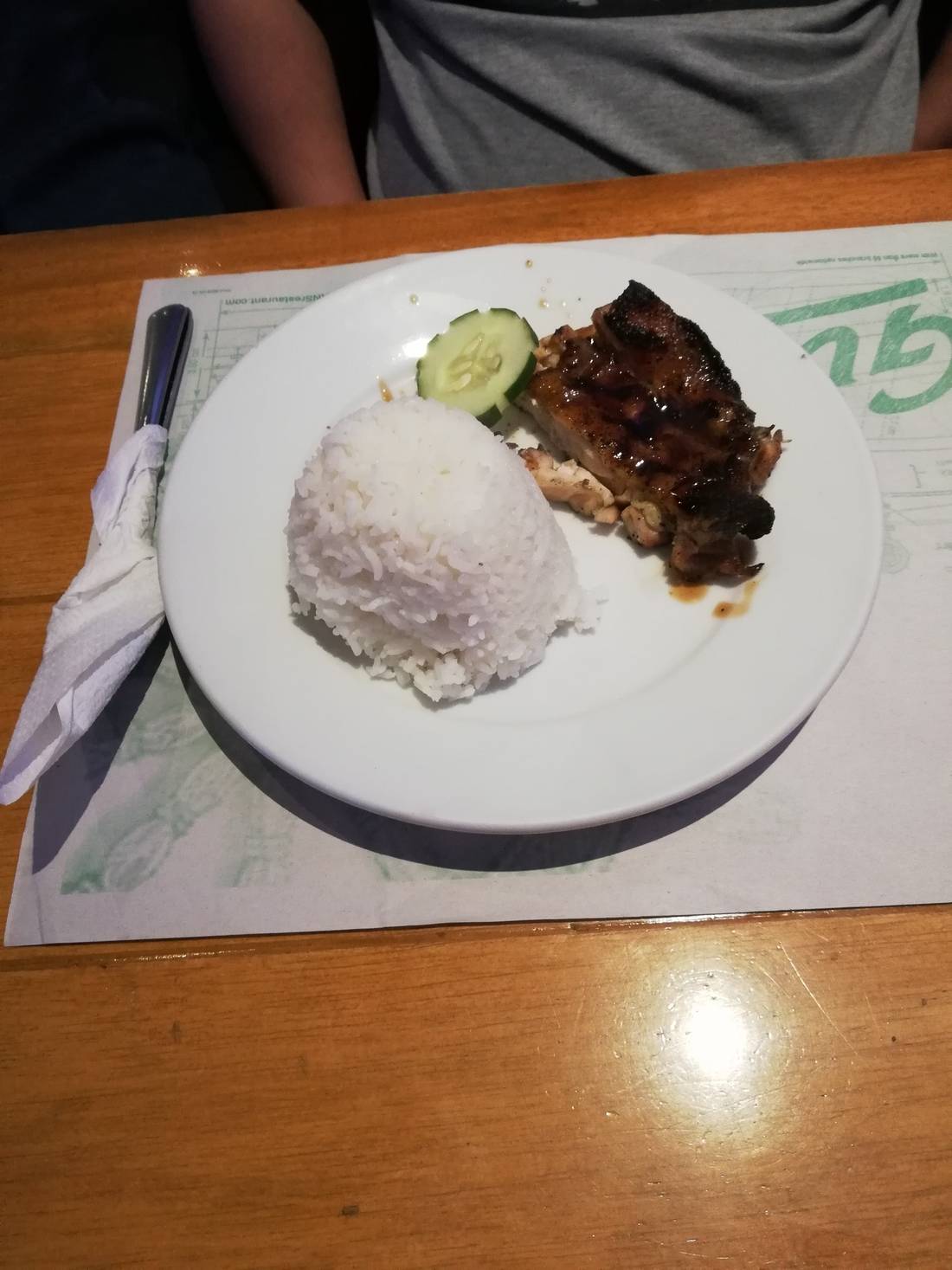 Boneless chicken teriyaki with rice and cucumber