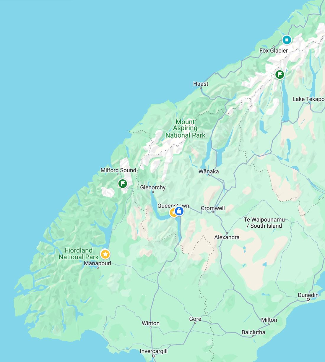 Yellow stars are our home of 2 weeks in Queenstown and 1-night in Te Anao. Green flags the National Parks.