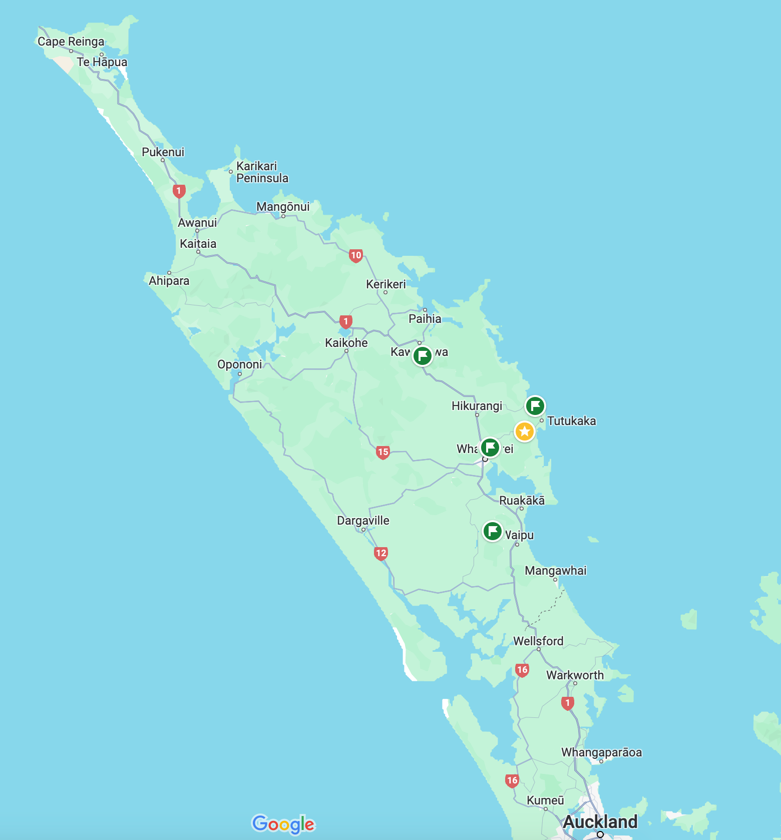 Yellow star is our home in Ngunguru, well north of Auckland