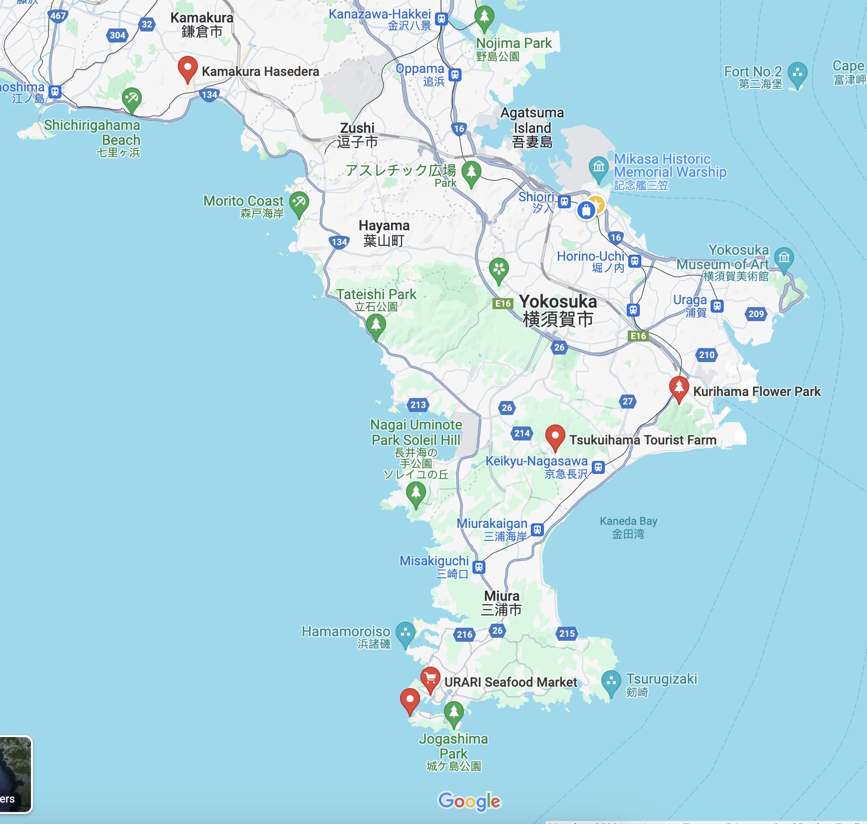 Yellow star is where we stayed, red dots are main sites