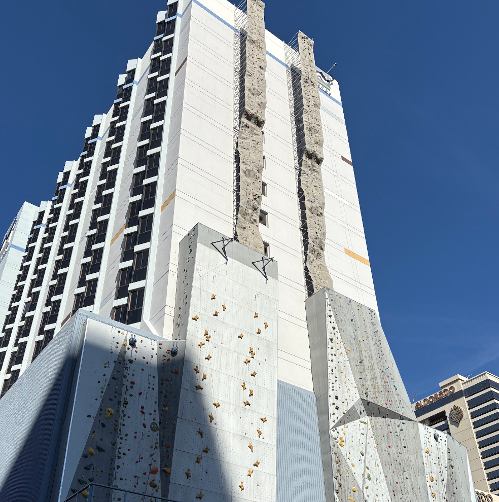Rock climbing walls on the outside of our hotel.
