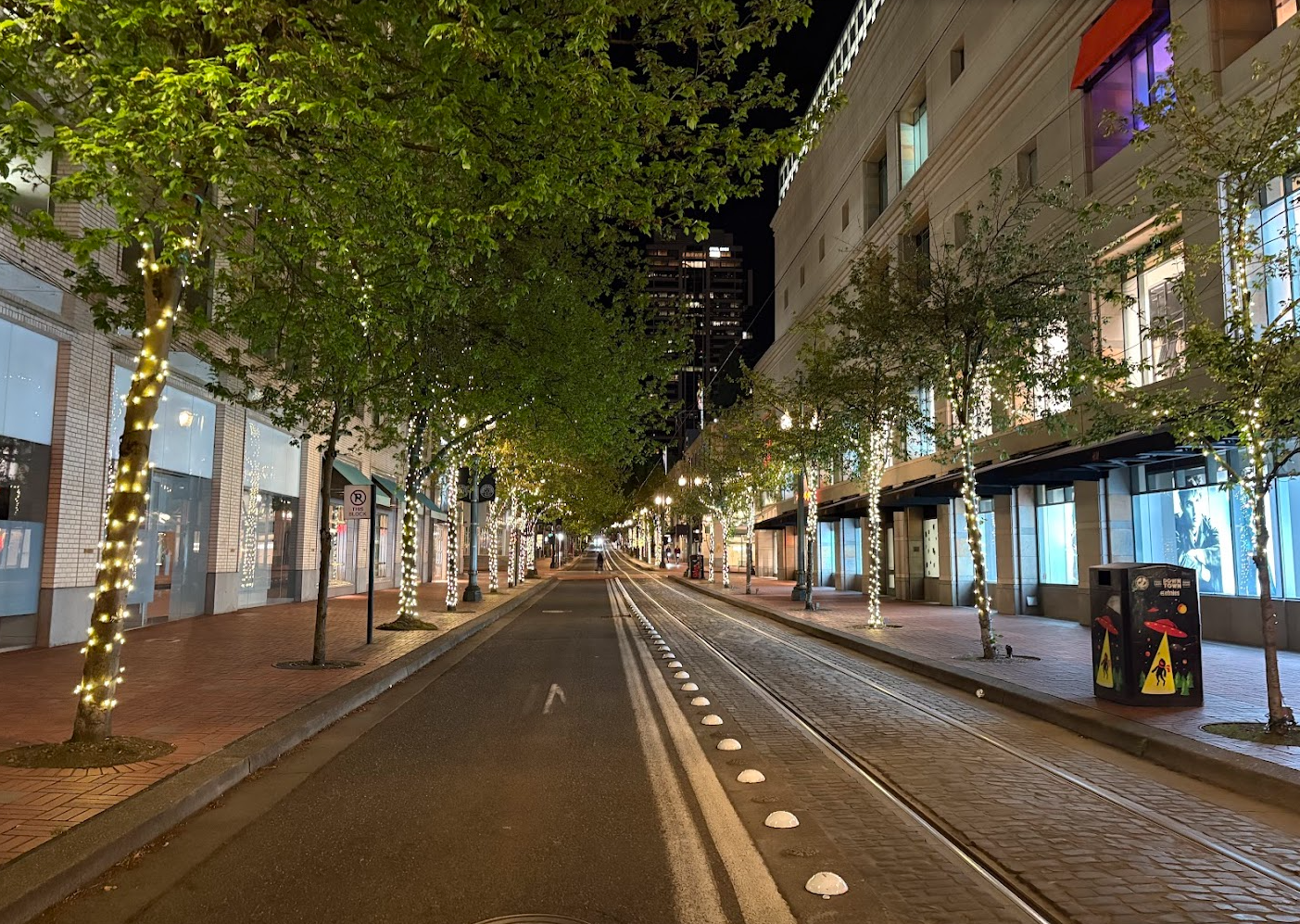 A beautiful view of the street around midnight.