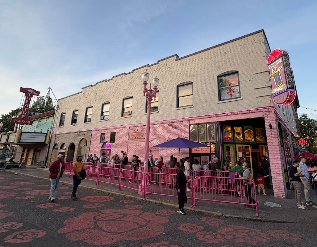 A long line for donuts at 8:30 pm.