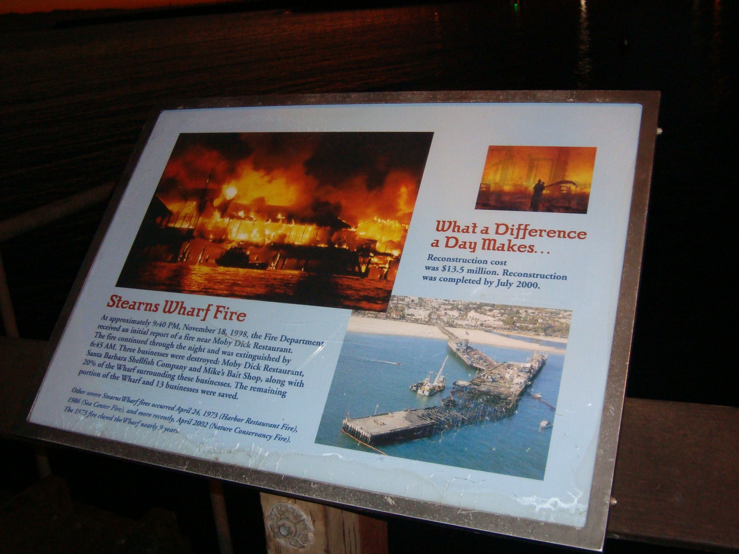 Stearns Wharf Fire - The Wharf since 1872, the oldest working wooden wharf in California. In 1921, escaped destruction by fire.