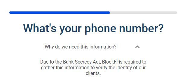 screenshot from the registration process in BlockFi
