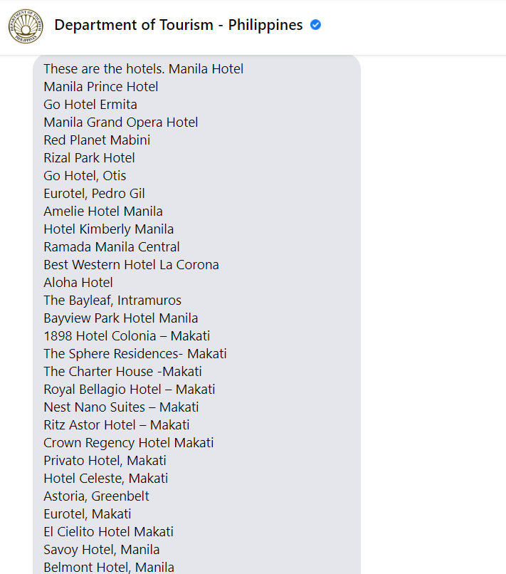 Source: DOT as of 16 Feb 2021, their official links of inspected hotels are all broken that time so they gave me this manual list and I check the updates from time to time.