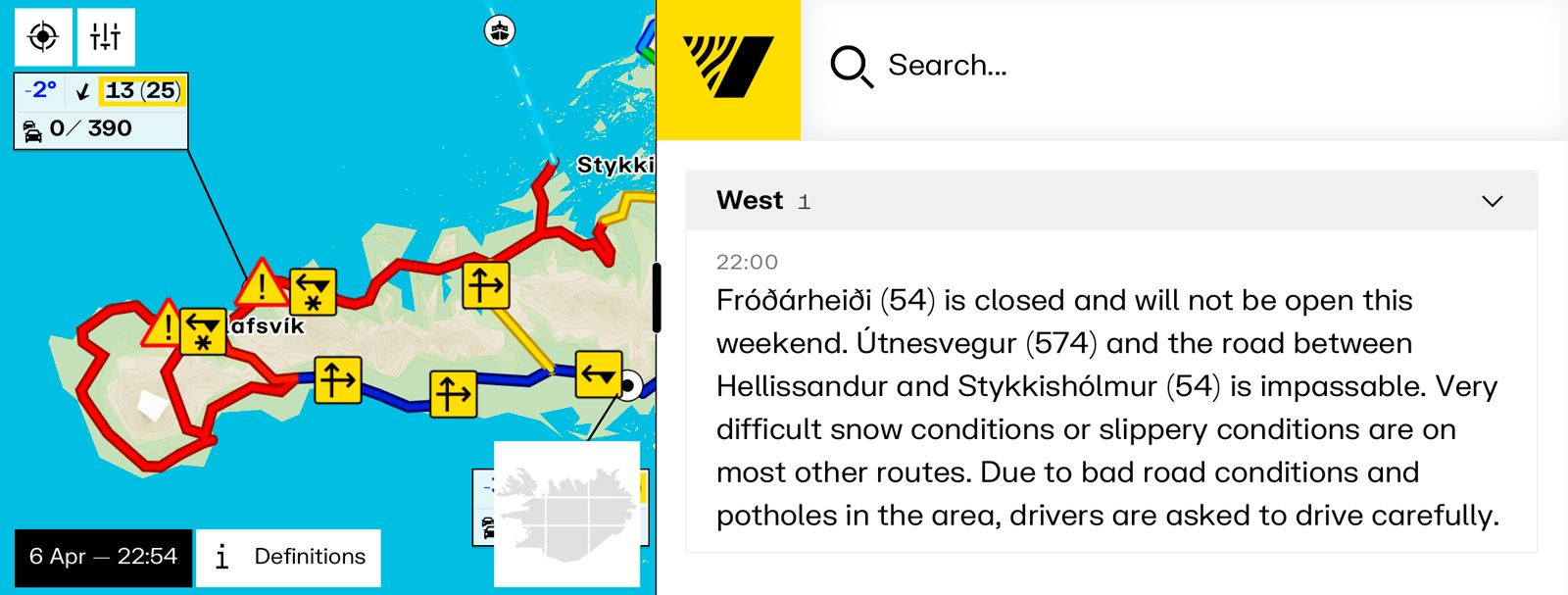 Tak skończyła się kwietniowa zamieć, w trakcie której prawie wszystkie drogi na półwyspie zostały zamknięte (oznaczone na czerwono).