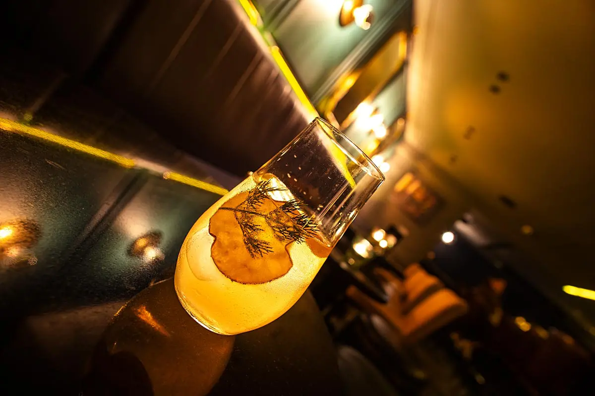 Composition V Cocktail: Caorunn Gin, Granny Smith apple, Elderflower, Celery bitters, Tonic