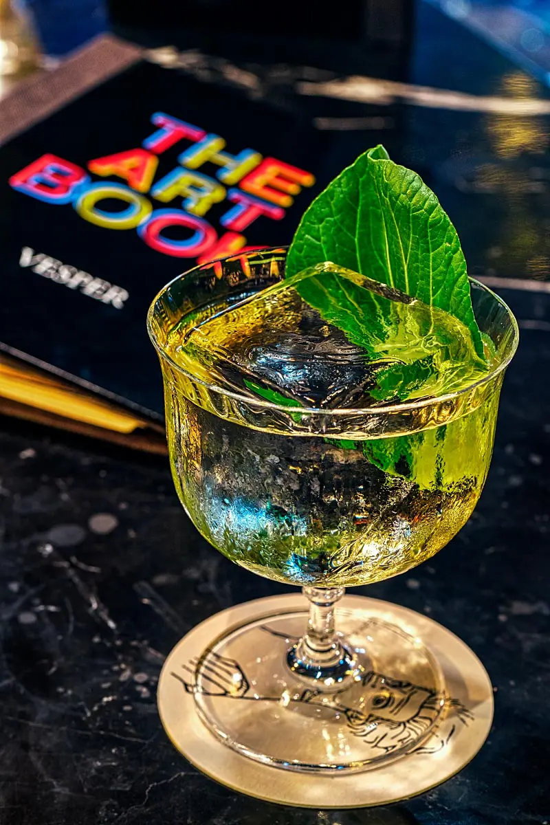 Jadeite Cabbage cocktail: Four Pillars Dry, Blended Vermouth, Genmalcha, Nlam Leaf, Blanco Bitters