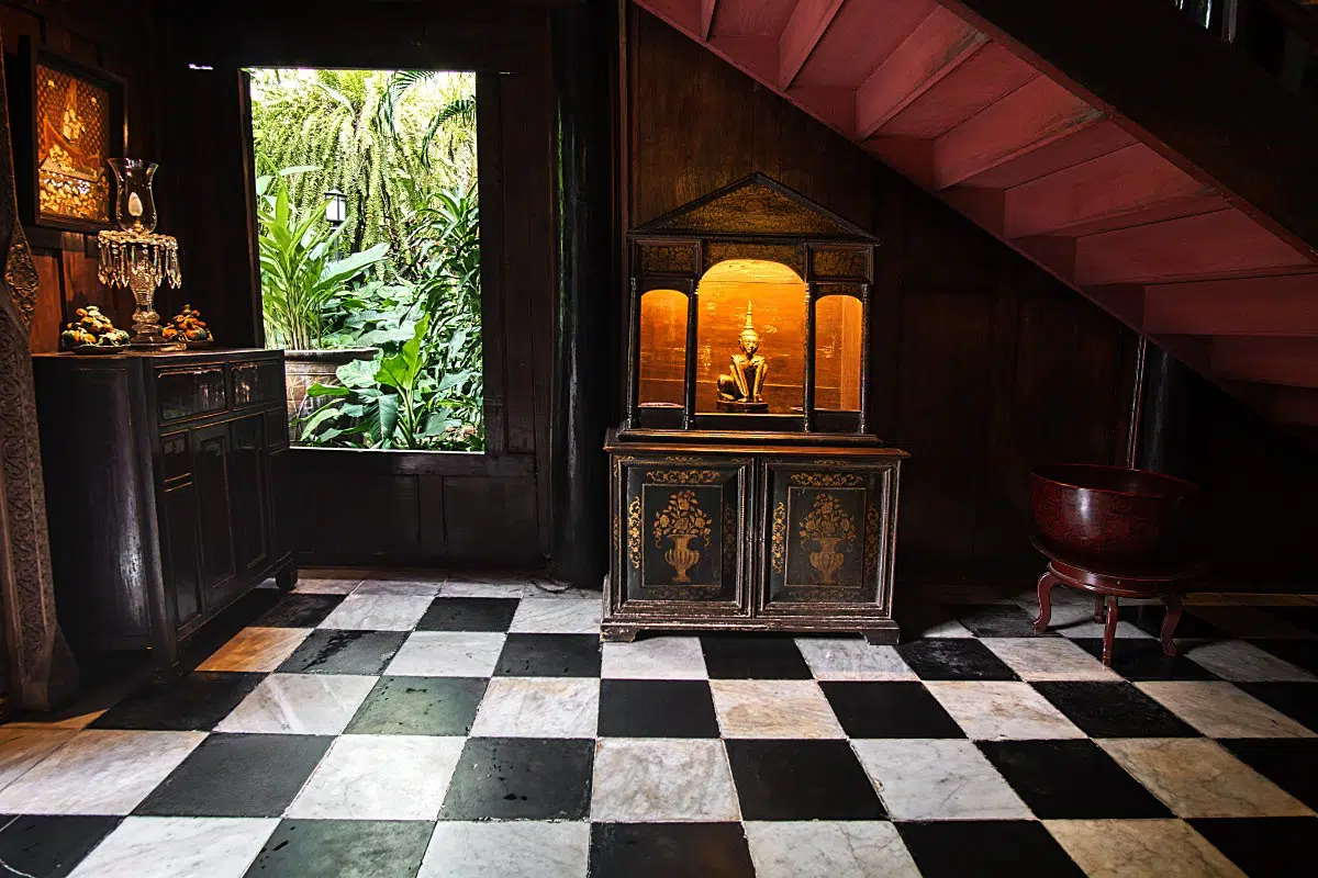 Colonial Black and White tiles with teak wood are a perfect match.