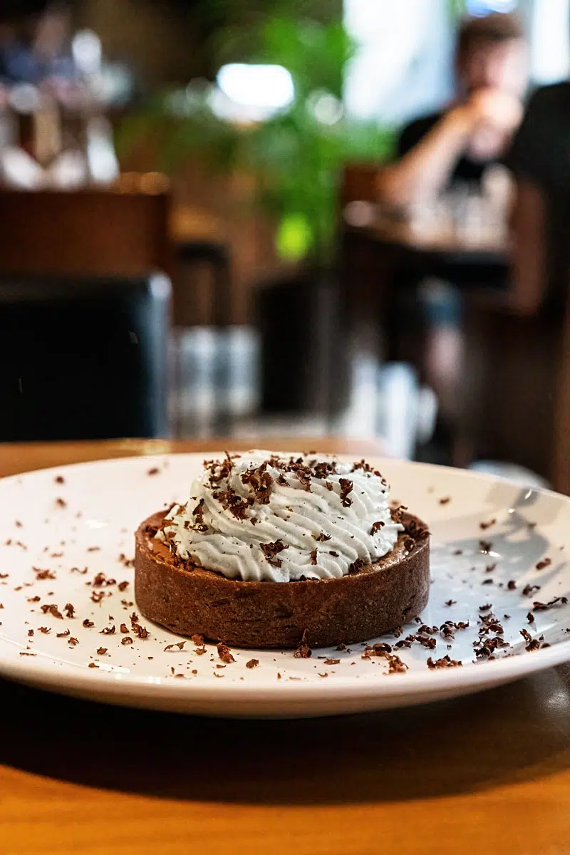 Chocolate tart with house-made mascarpone lime cream