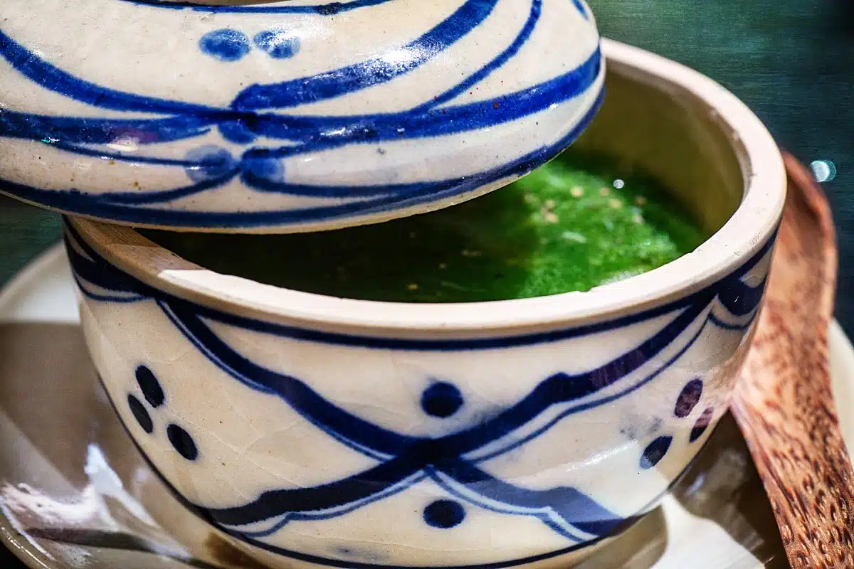 Malabar spinach and shrimp soup