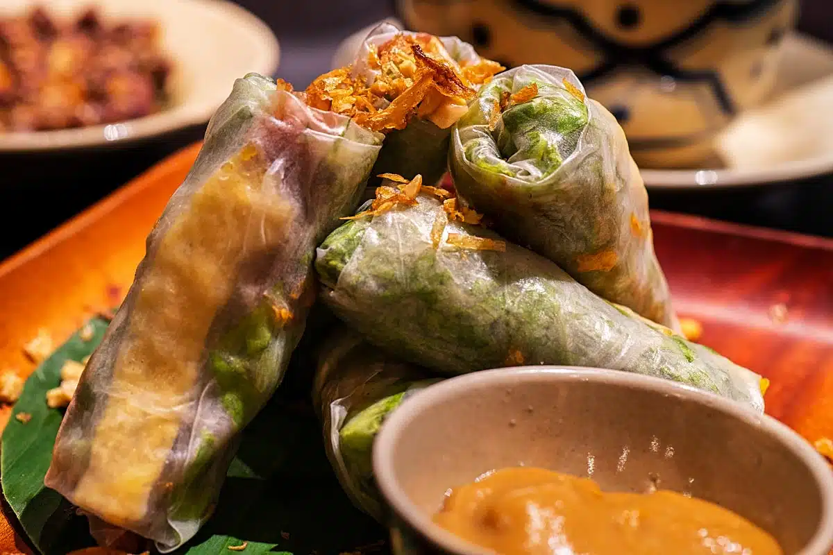 Vegetarian spring rolls made with sweet pumpkins and aromatic herbs.