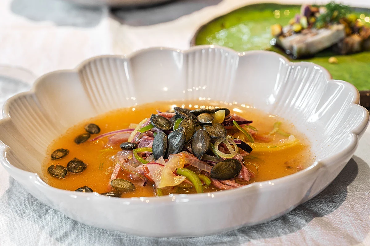 Pork tongue with fresh vegetables and pumpkin seeds