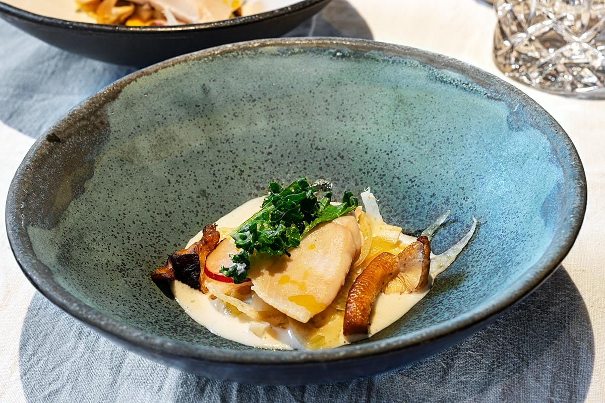 Poached trout with shiitake and pasta