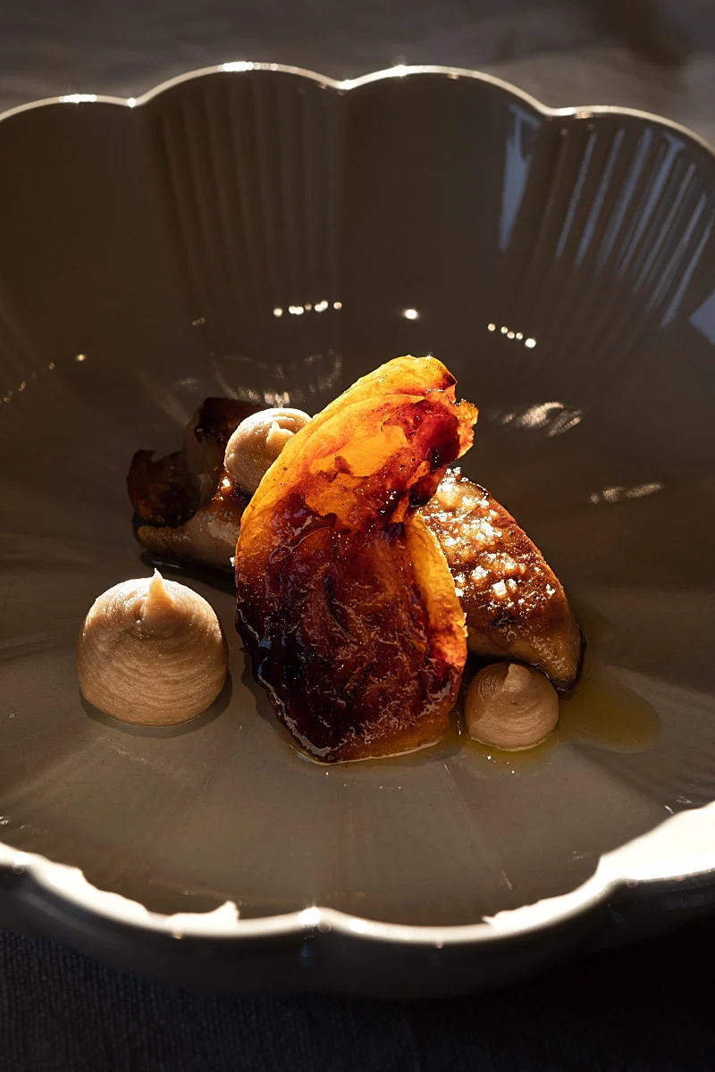 Foie gras with baked apple and chestnut cream.