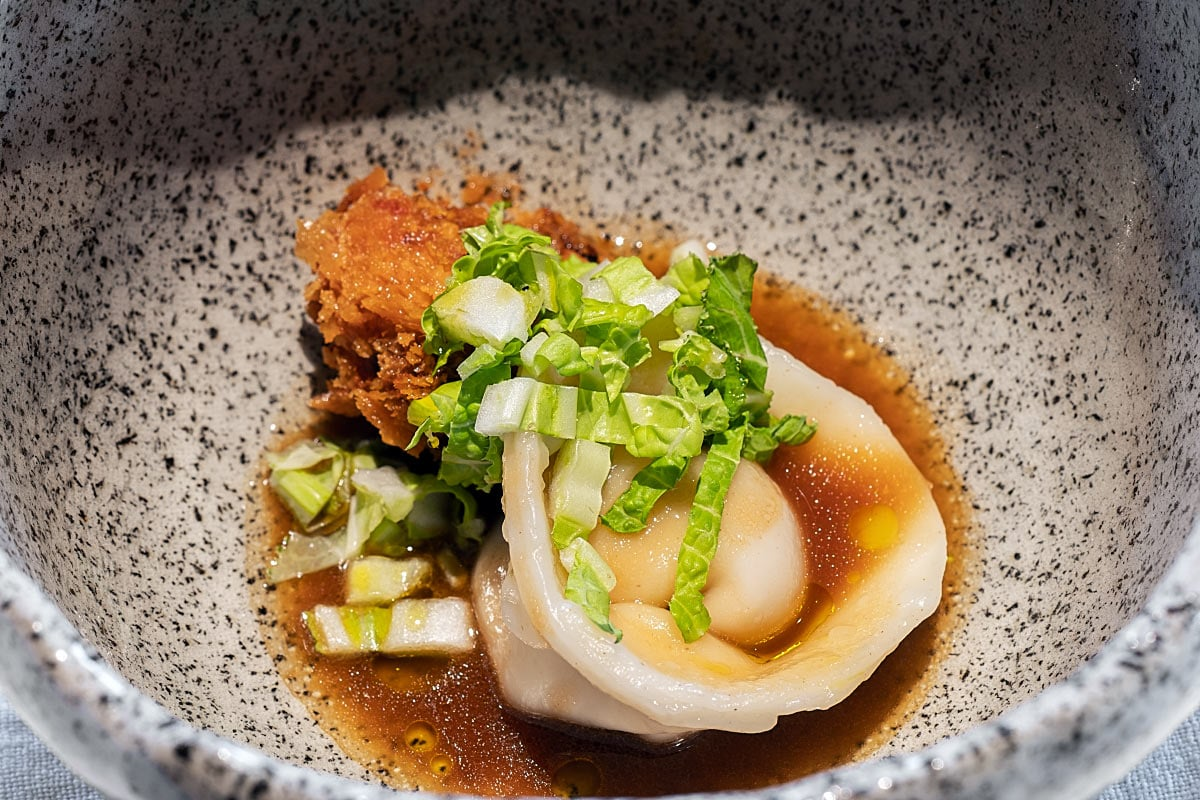 Duck ravioli with fried cauliflower and Chinese cabbage