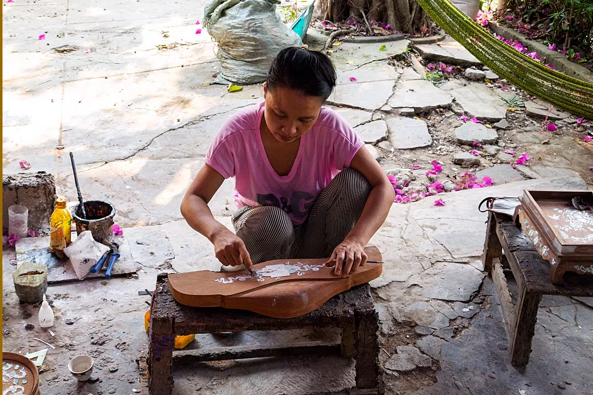 Making mother of pearl inlay is a slow and precise technique.