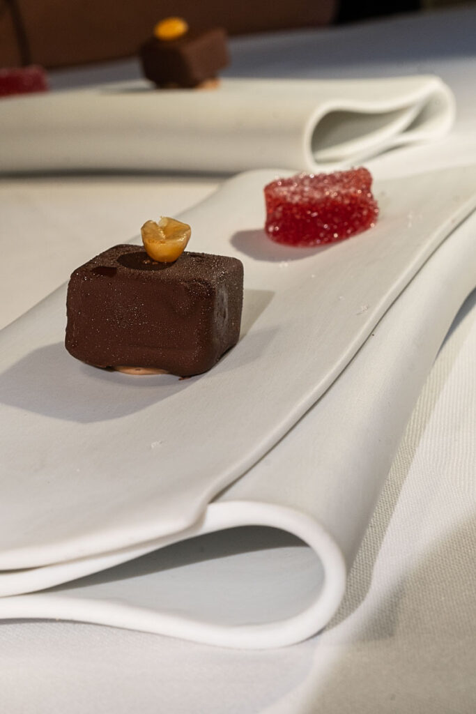 A light Snickers-inspired chocolate and vivid strawberry jelly closed the meal.