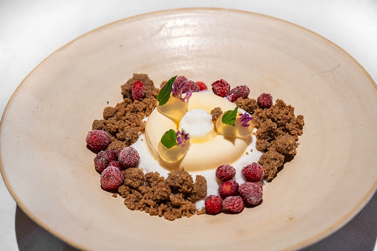 Wild strawberries, thyme and buckwheat gave dessert an Alpine character.