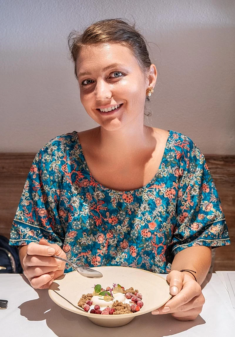 A happy moment near the end of the tasting menu.