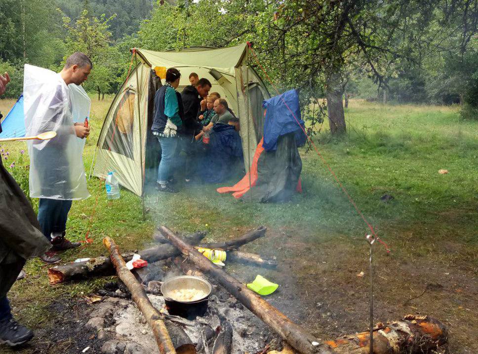 We all wait in the tent until the mushrooms are fully cooked