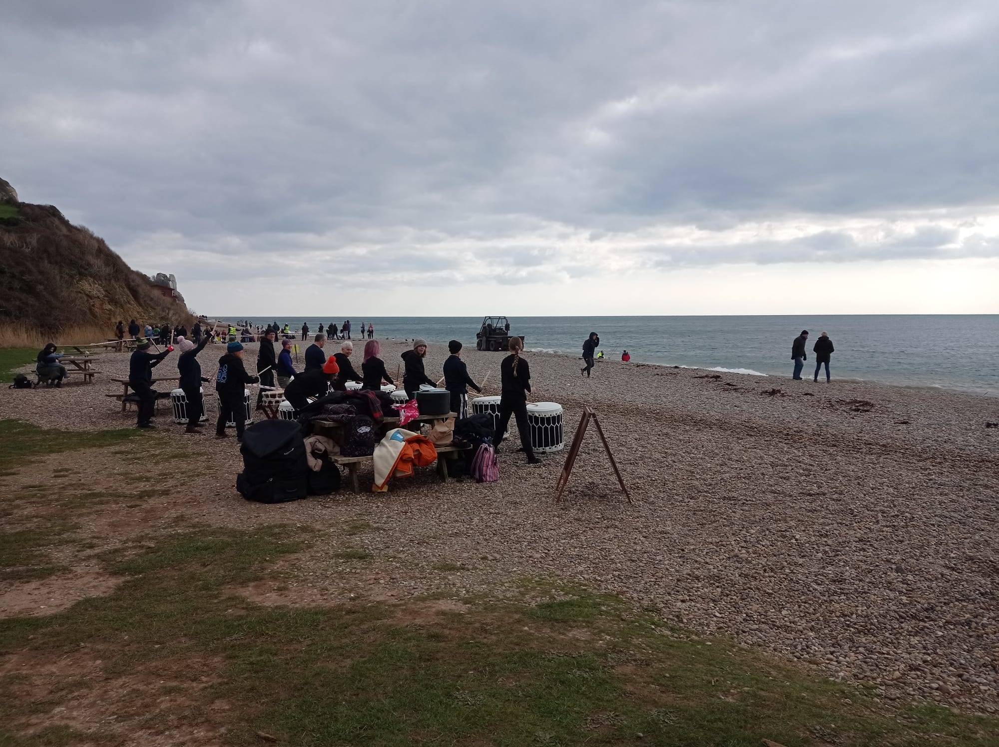 Drums on Branscombe beach. Still a half hour walk through the village from this point to reach the pub!