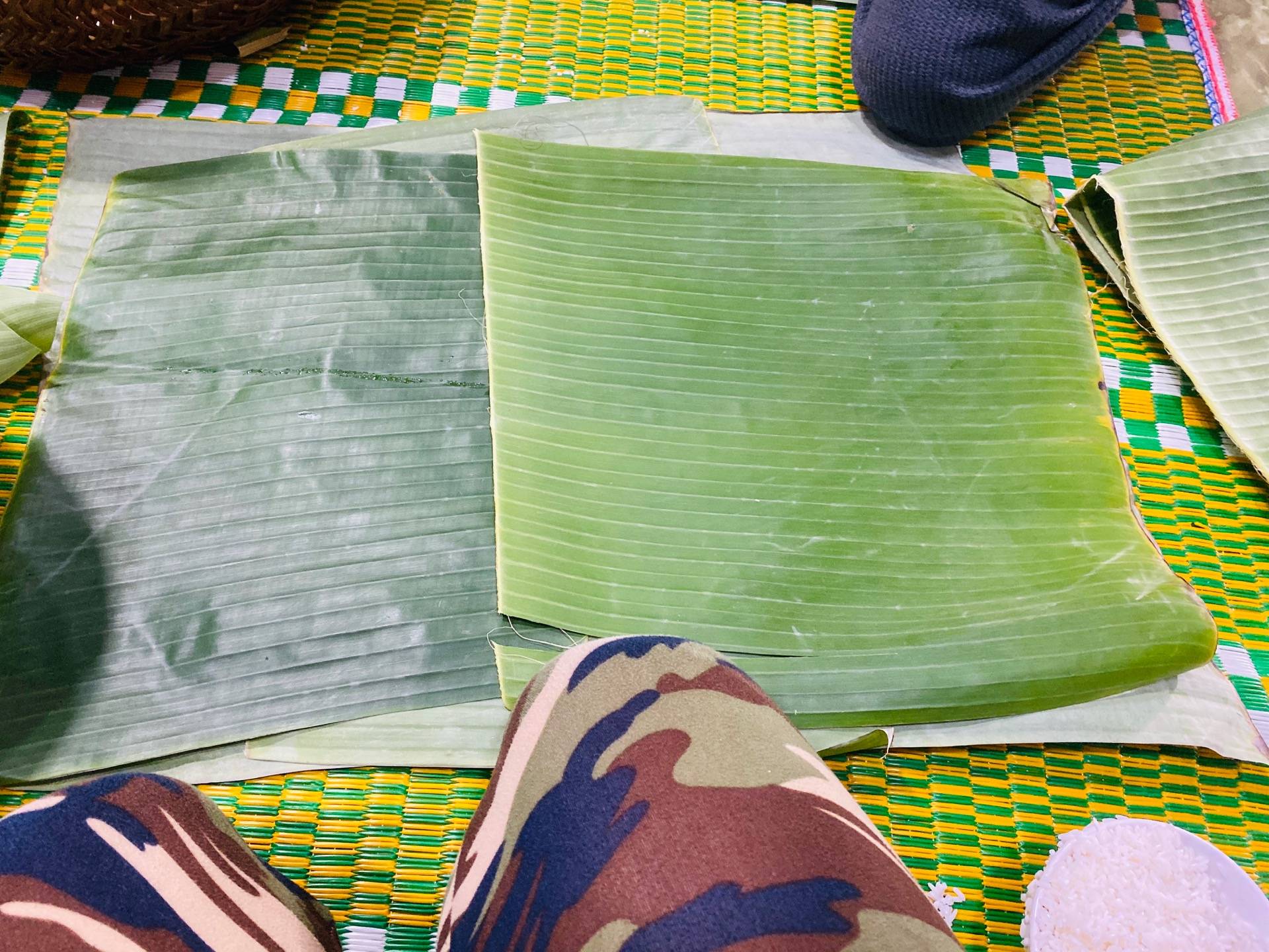 Lay out the banana leaves. You will need four in total 
