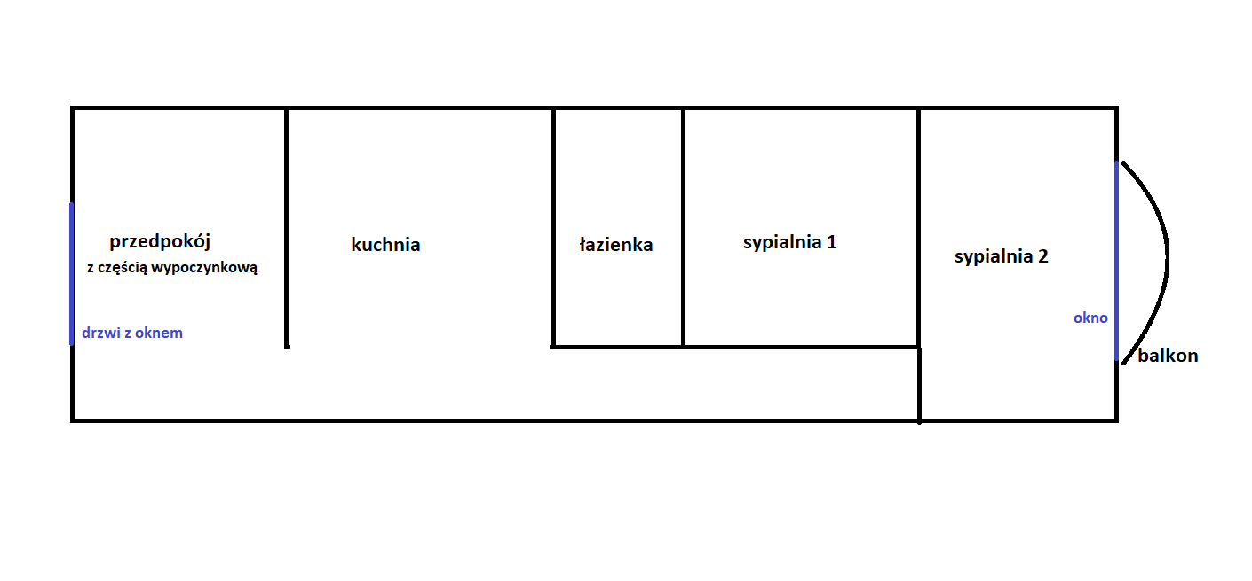 Hall with living space, kitchen, bathroom, bedroom 1 and bedroom 2. Only Hall and second bedroom has its own window.