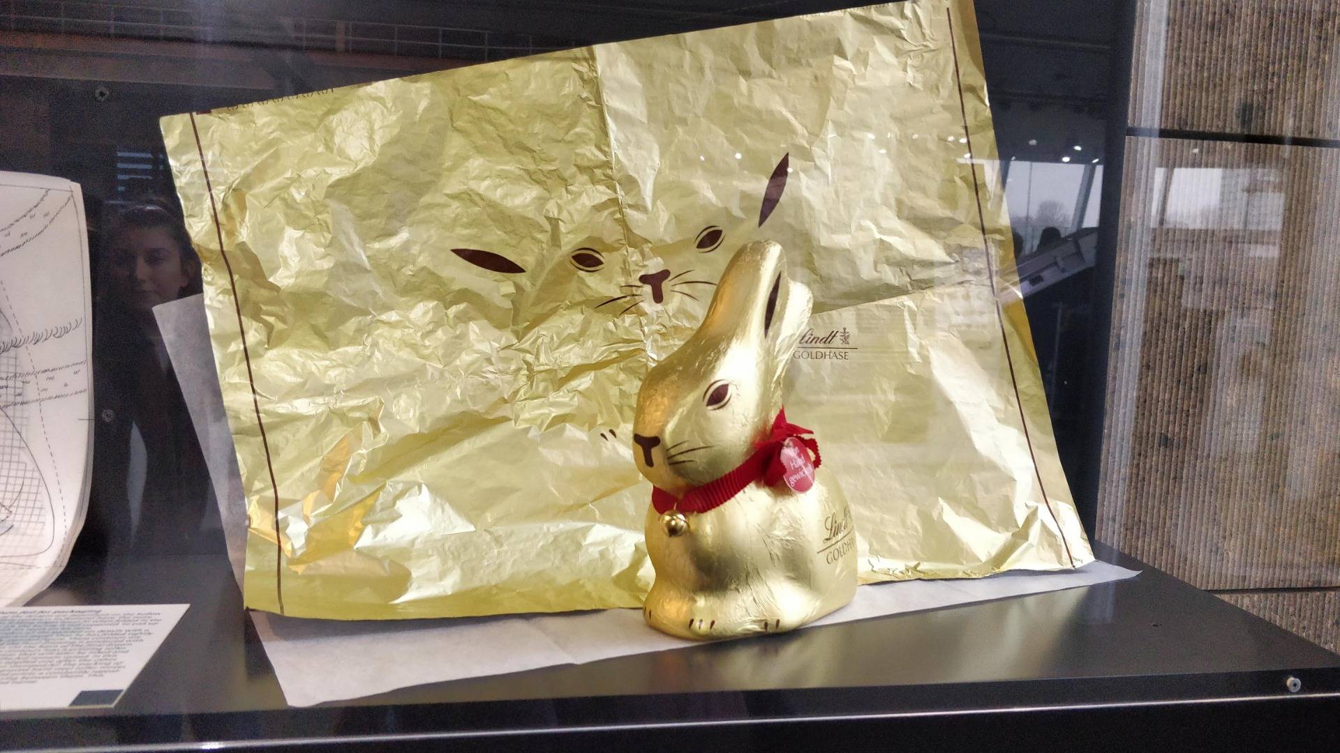 The iconic Lindt rabbit, with the slightly disturbing unfolded wrapping behind it!