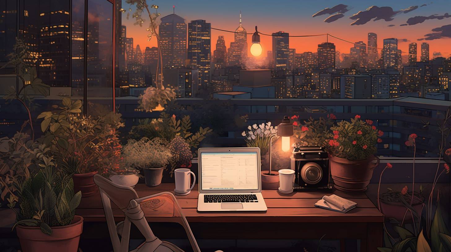 Travel blogger’s workspace overlooking a beautiful skyline