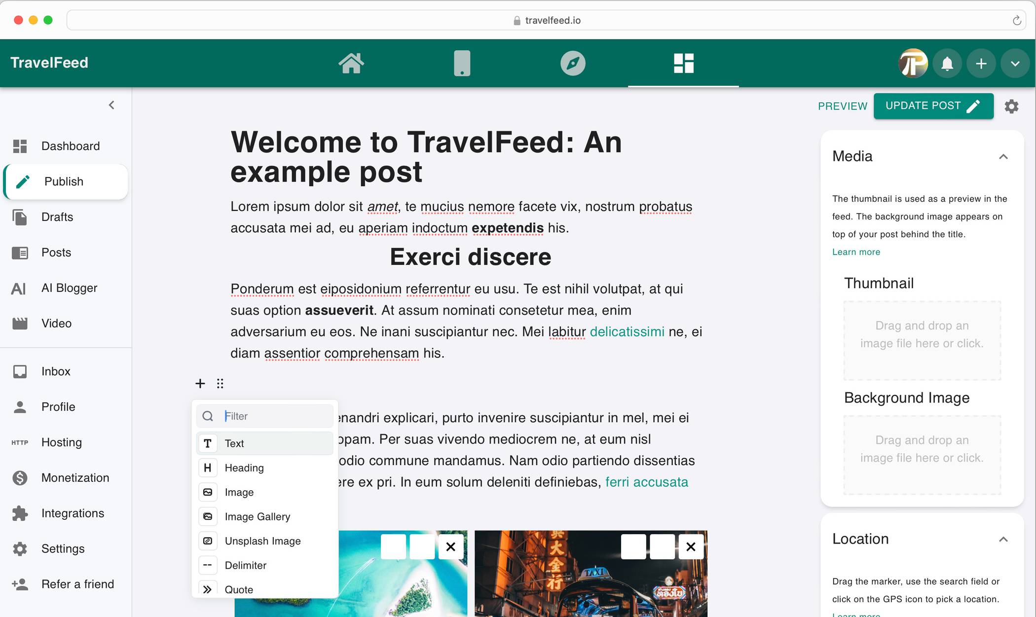 Writing a travel blog for friends and family is easy with TravelFeed’s block-based editor