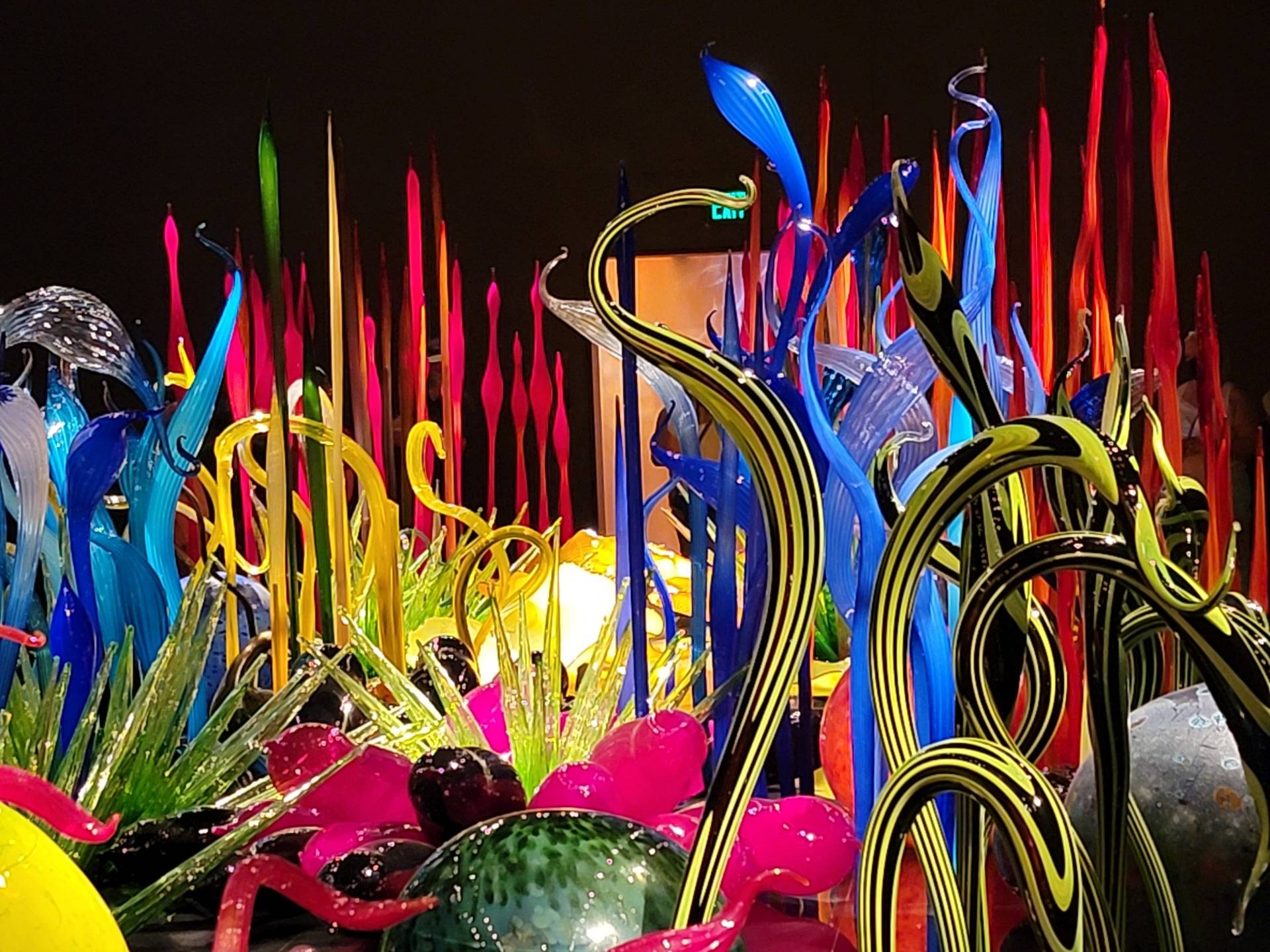Just one of the many fantastic colorful glass arrangements inside.