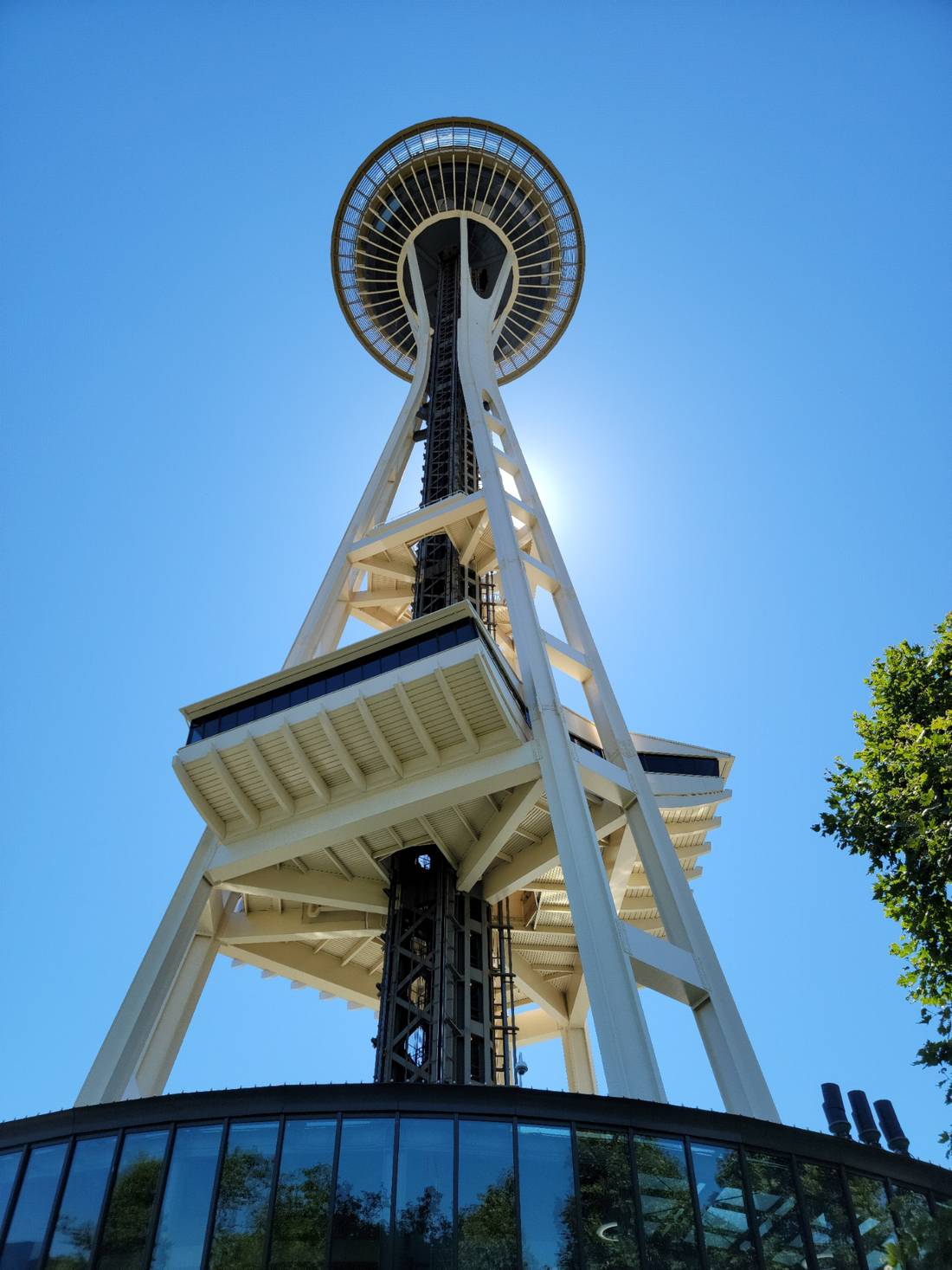 A view from ground level looking up at the Space Needle