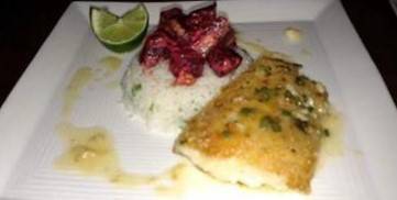 Potato encrusted snapper with orange ginger beurre blanc and roasted beets.