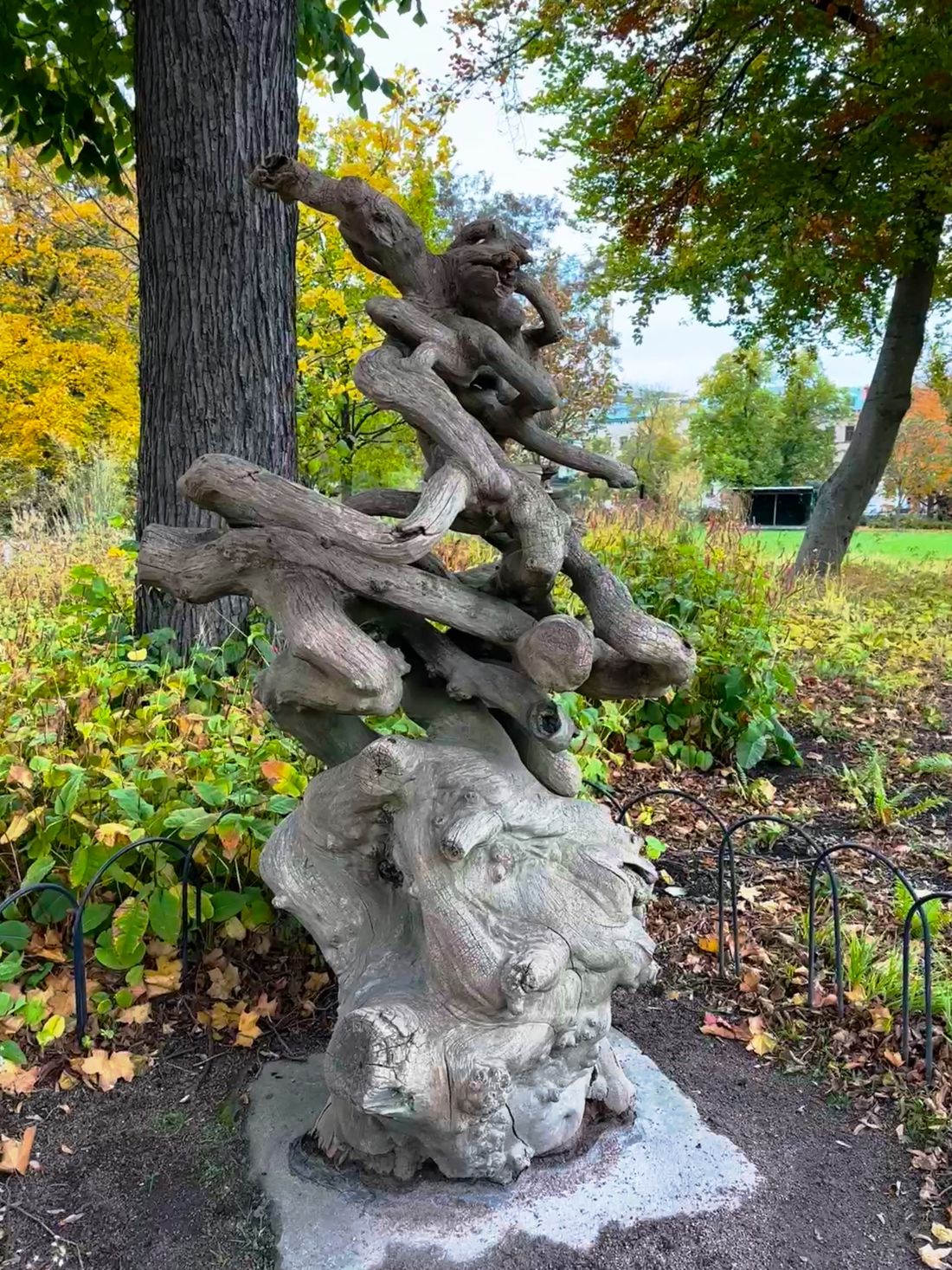 A modern wooden sculpture in the park.