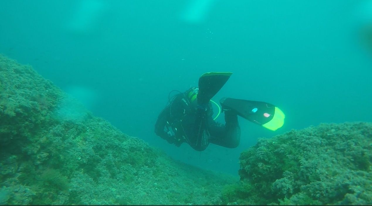 You can see here again, how depth changes colors and visibility; more yellow and greenish again at 20 meter depth and water is almost grey.