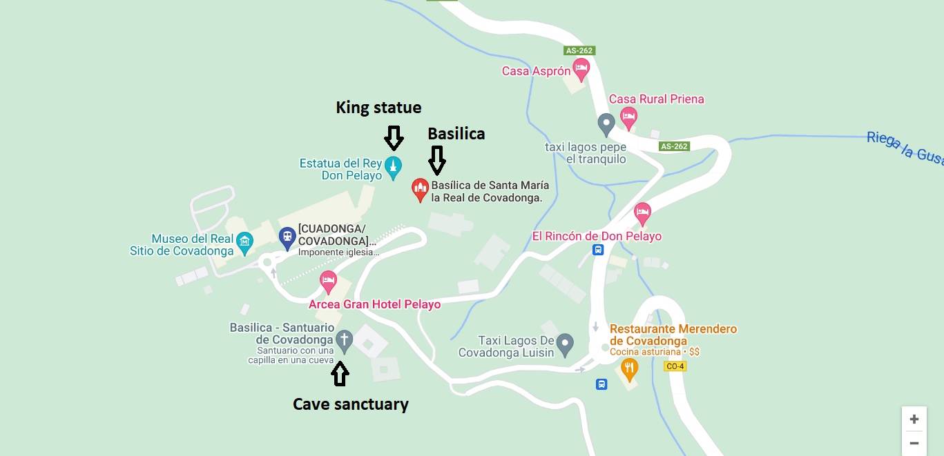 Location of the monuments in Covadonga.