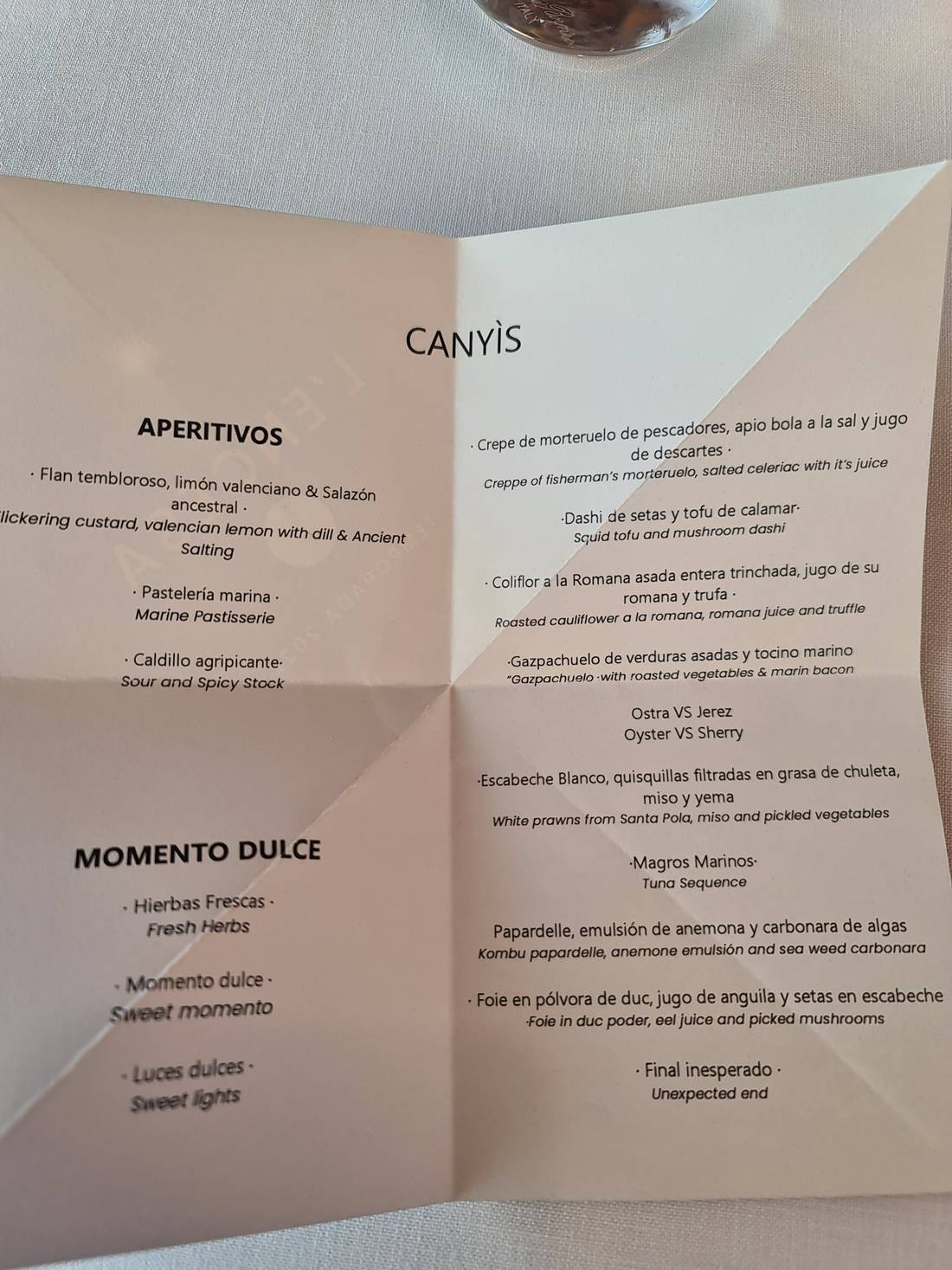 ”Canyís” menu items (€150/pp, drinks not included).