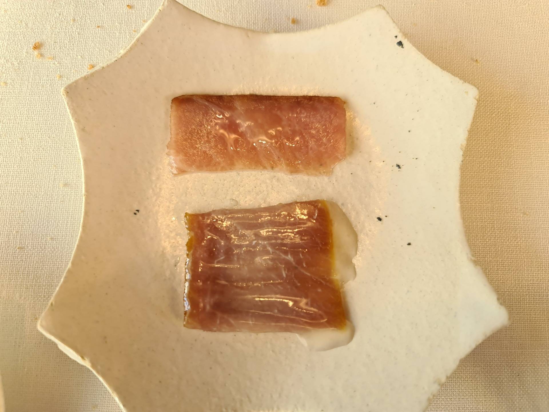 Sun-cured bluefin tuna belly covered on tuna butter - Third sequence from ”Tuna Sequence” (Seventh main dish) (1).